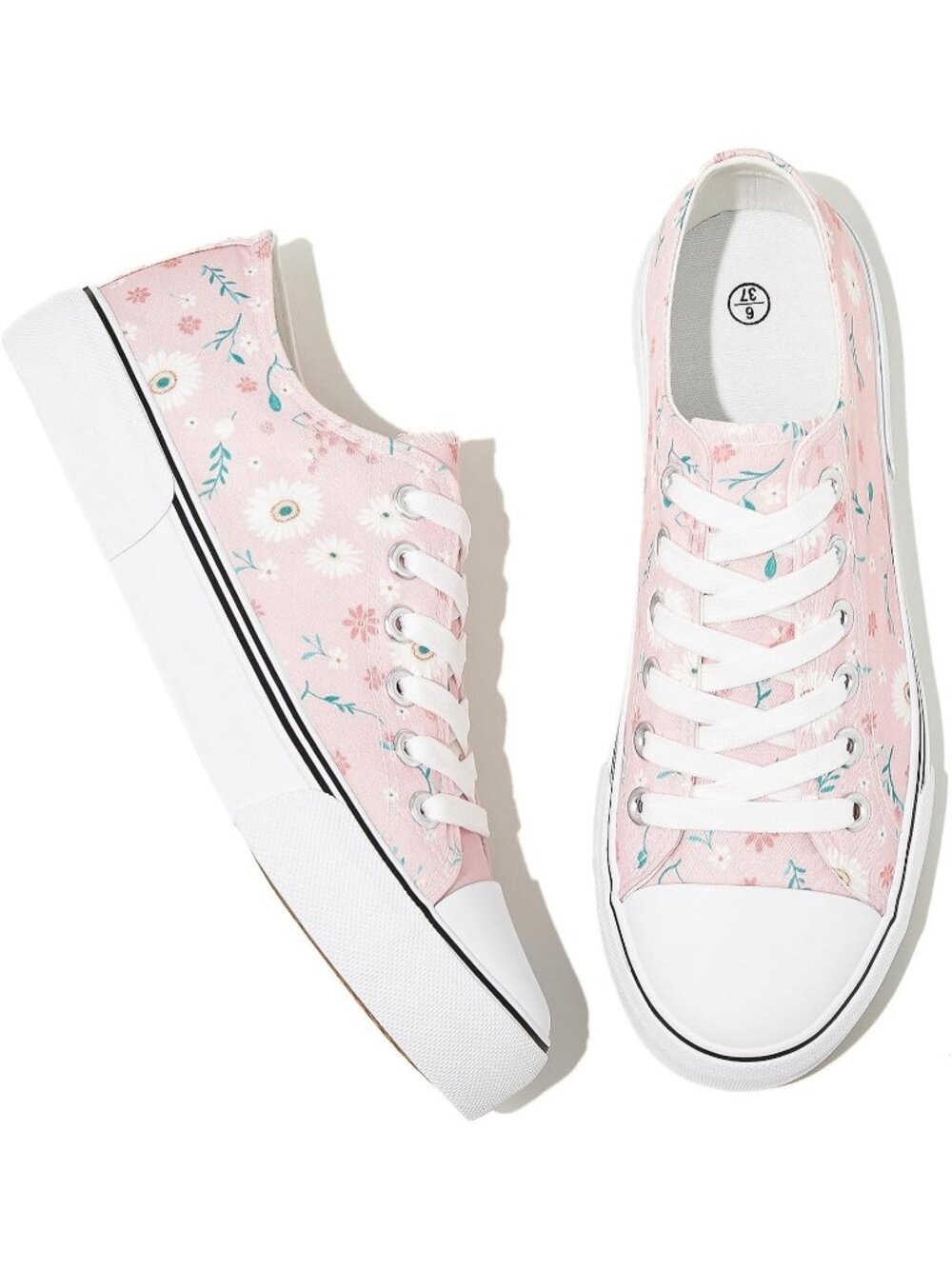 Women's Pink Flower Comfortable Canvas Lace Up Low Top Walking Sneaker Shoes